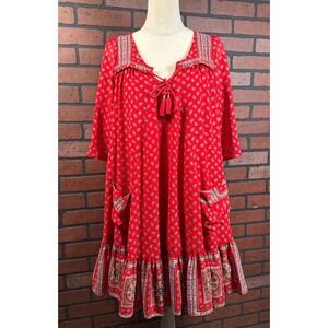 Free People Penny Lane Prairie Swing Dress Tunic Tassel Red Paisley Womens‎  XS